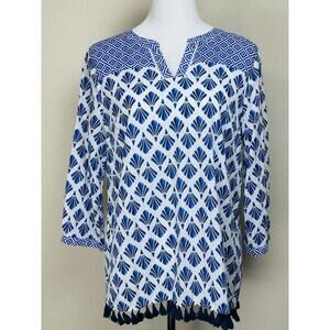 Talbots L Petite Cotton Blend Blue White Tunic Navy Blue Tassel Hem Boho India
